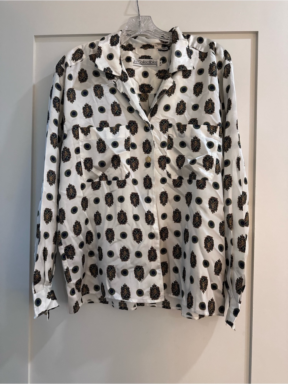 Vintage White Button-Down Shirt with Black and Brown Medallion Print